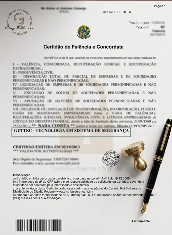 Certidão de Falência e Concordata apostilada para uso no exterior