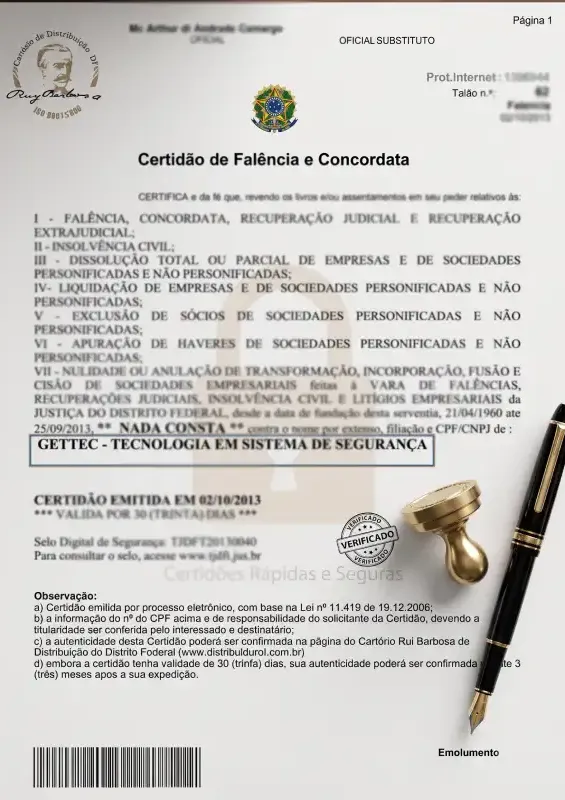 Modelo de Certidão de Falência e Concordata emitida pelo Cartório Distribuidor